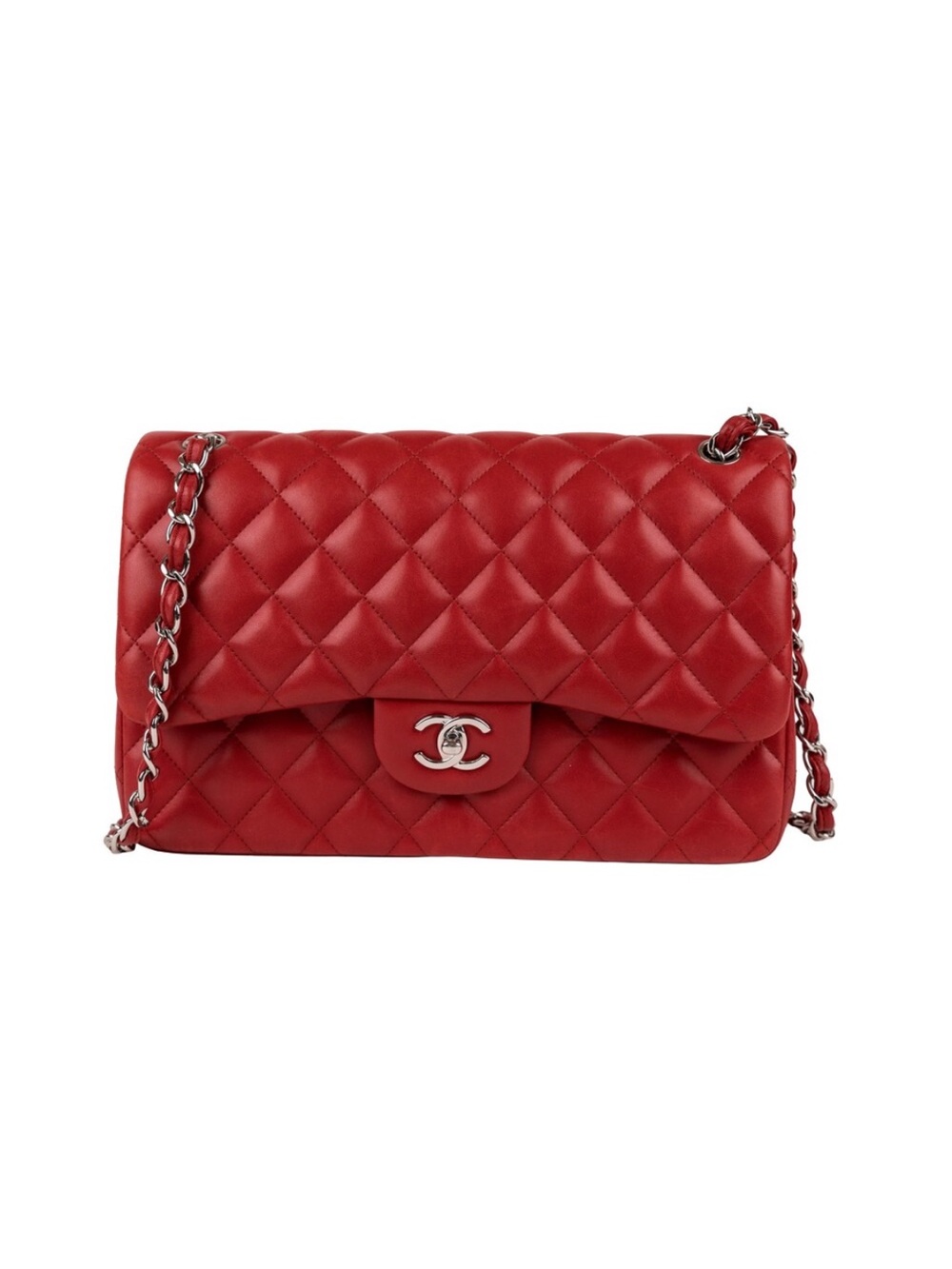 CHANEL Authentic Red Quilted Classic Double Flap Shoulder Bag Chain